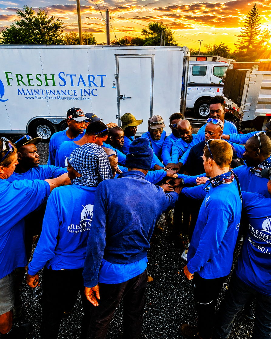 The Fresh Start Maintenance Inc. crew huddled together at sunrise