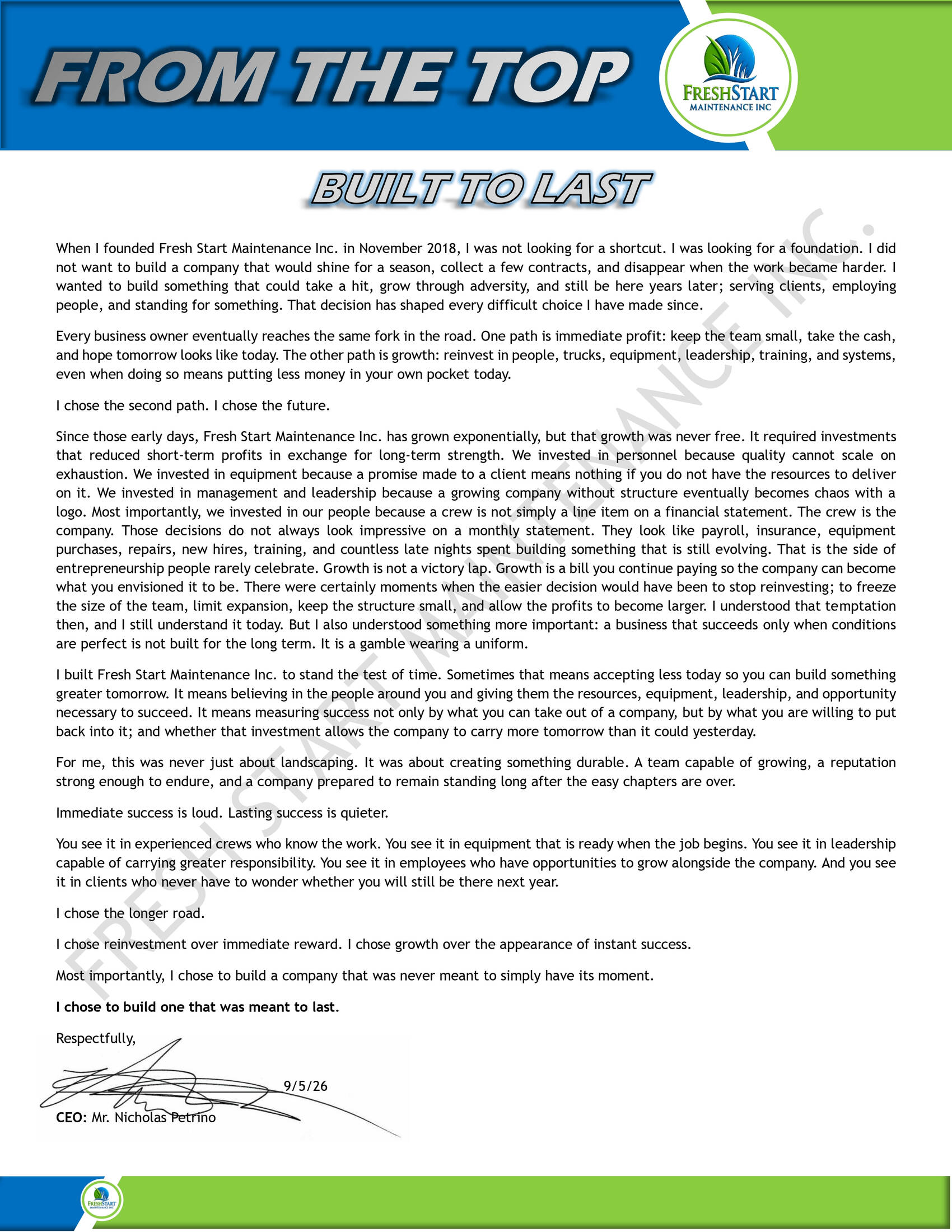 CEO letter from Nicholas Petrino titled Built to Last, dated 9/5/26