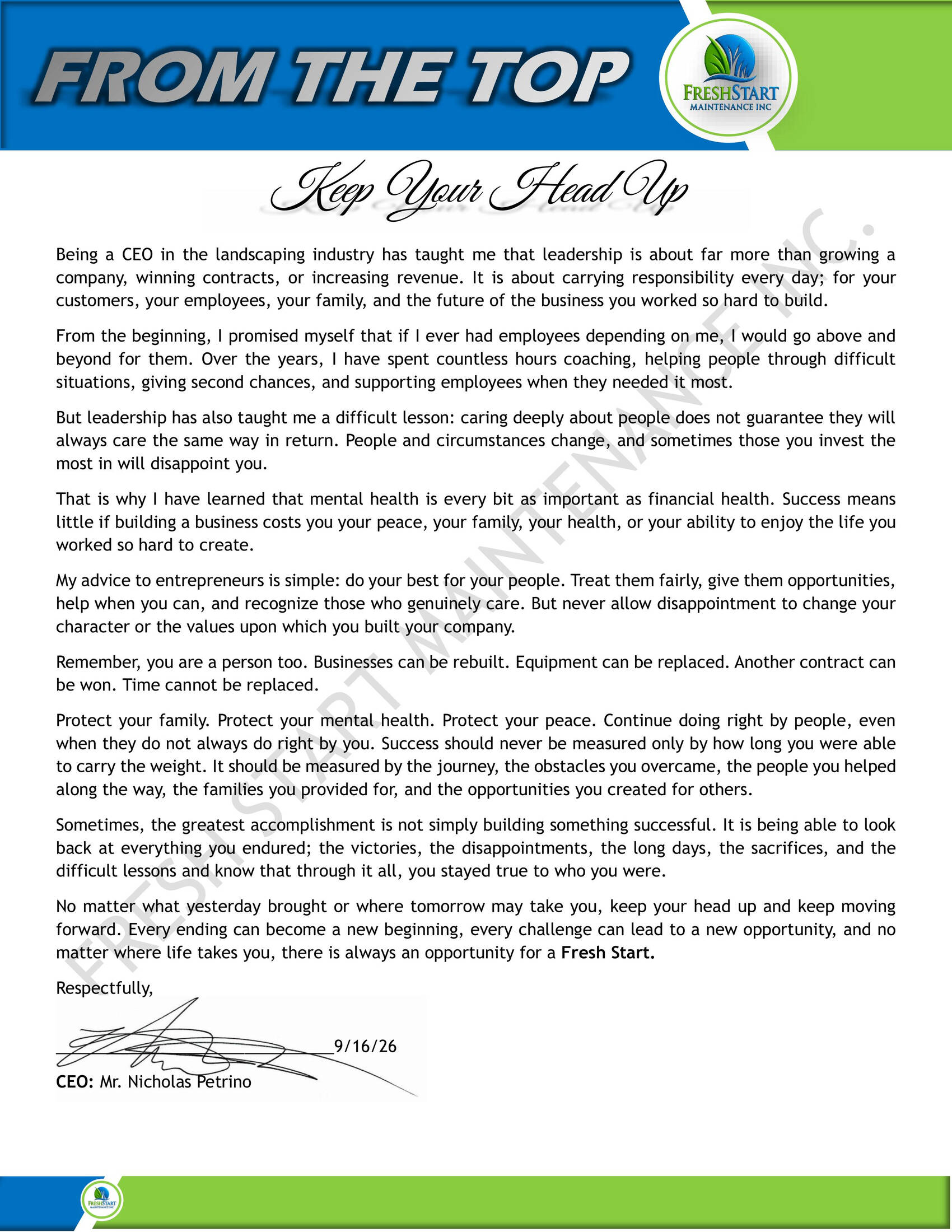 CEO letter from Nicholas Petrino titled Keep Your Head Up, dated 9/16/26