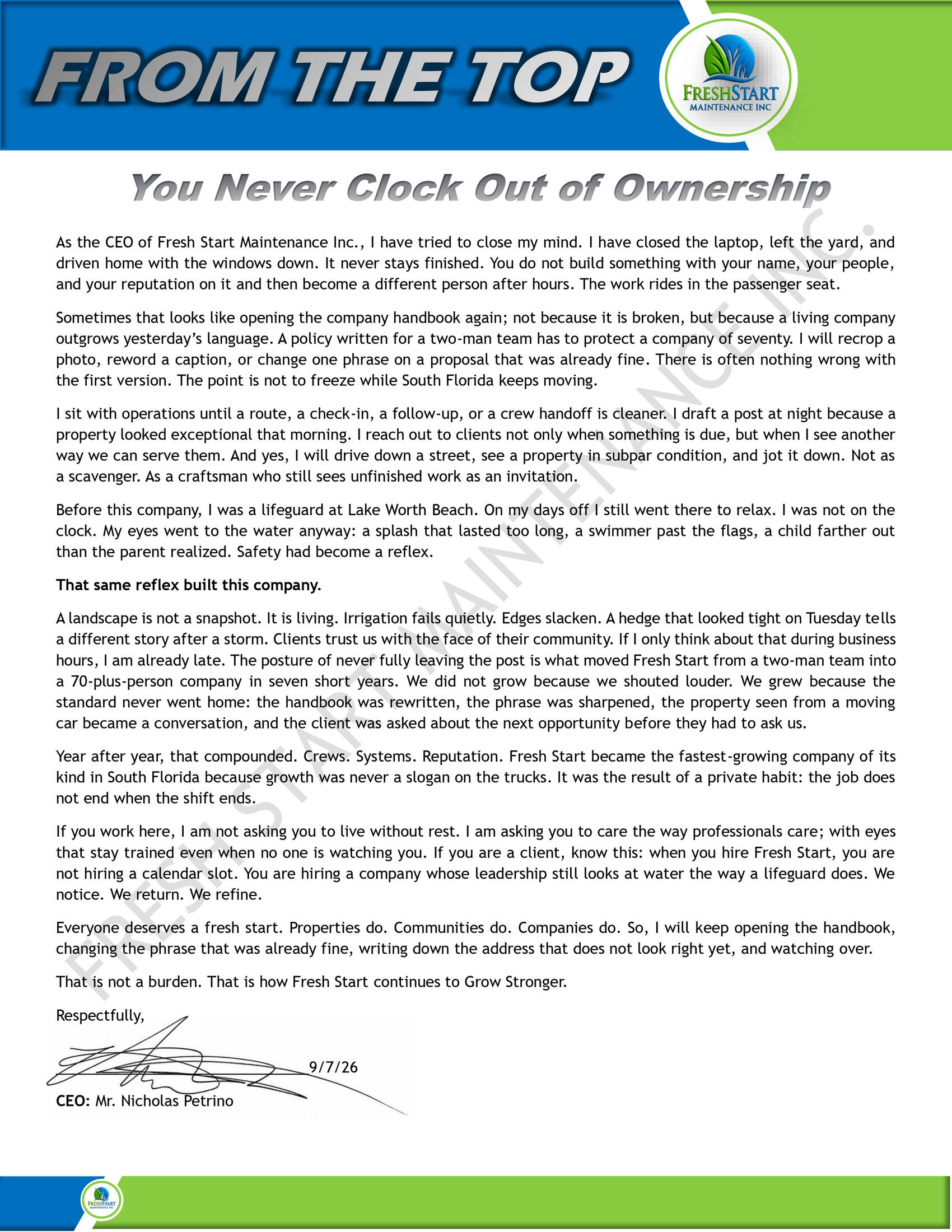 CEO letter from Nicholas Petrino titled You Never Clock Out of Ownership, dated 9/7/26